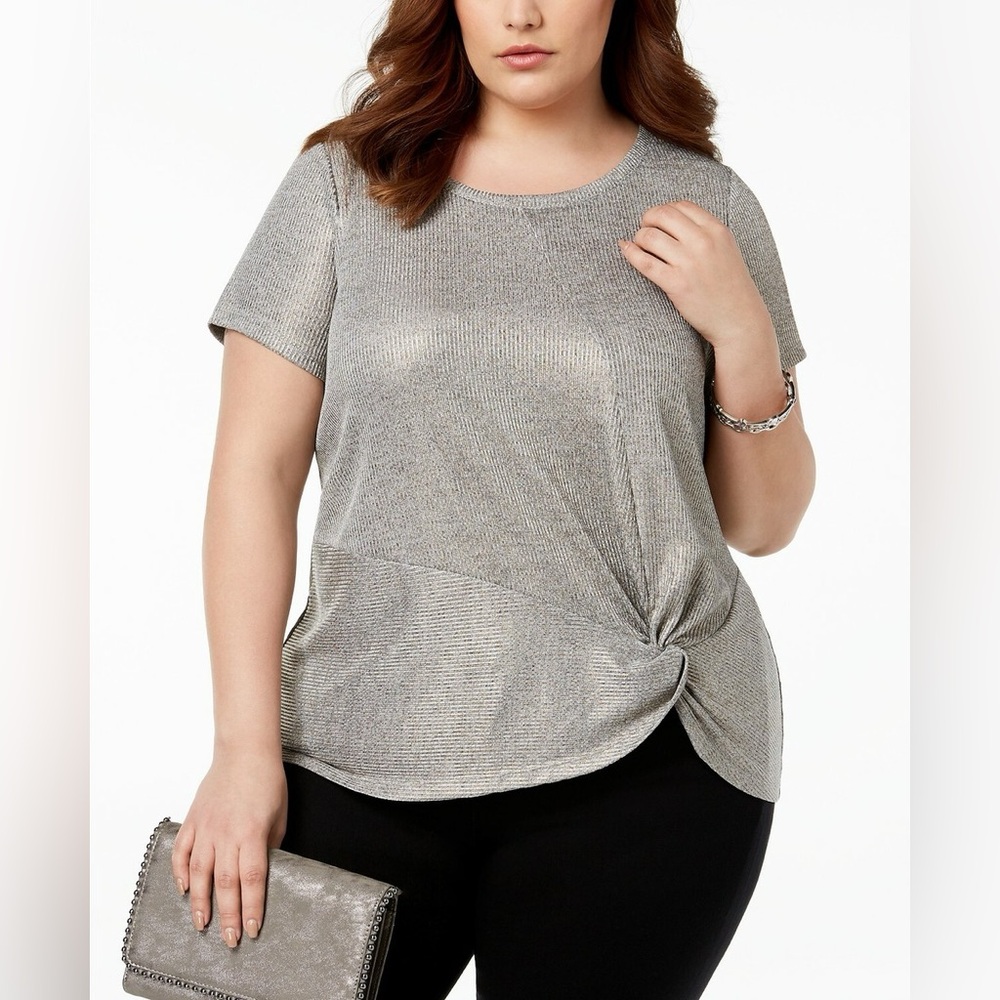 INC International Concepts Ribbed Twist Front Top Silver size 1X (NWT)